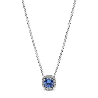 Sparkling Square Blue Halo Pendant Necklace-C