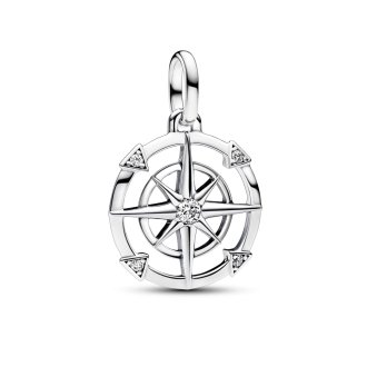 Compass sterling silver medallion with clear cubic zirconia