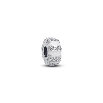 Sterling silver clip with clear cubic zirconia, shimmering white enamel and silicone grip