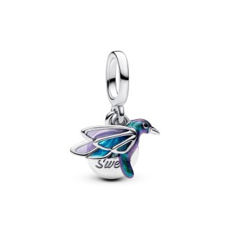 Hummingbird sterling silver double dangle with glittery green, black, transparent blue and purple enamel