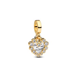 Heart sterling silver and 14k gold-plated double dangle with clear cubic zirconia and transparent resin