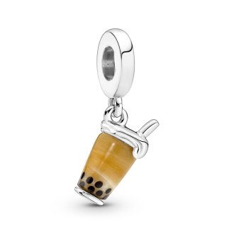 791685C01 - Bubble tea sterling silver dangle with brown and black Murano glass